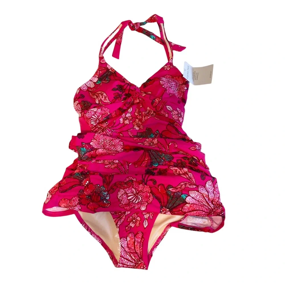 Garnet Hill Swimsuit Womens Size 2 Floral One Piece Ruched Halter Beach New